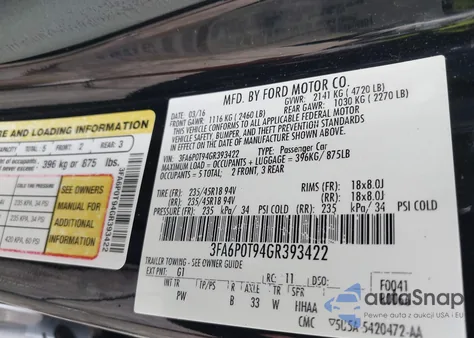 2016 Ford Fusion Se z USA, uszkodzony, nr VIN 3FA6P0T94GR393422
